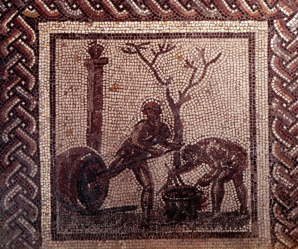 Gallo romersk kunst: mosaikbelægning, der repræsenterer en rustik kalender. Krukkepoistering scene. Slutning 2., begyndelsen af 3. århundrede efter JC. Fra Saint-Romain-en-Gal (Rhône). Saint Germain en Laye, Nationalmuseet for arkæologi af Gallo Roman