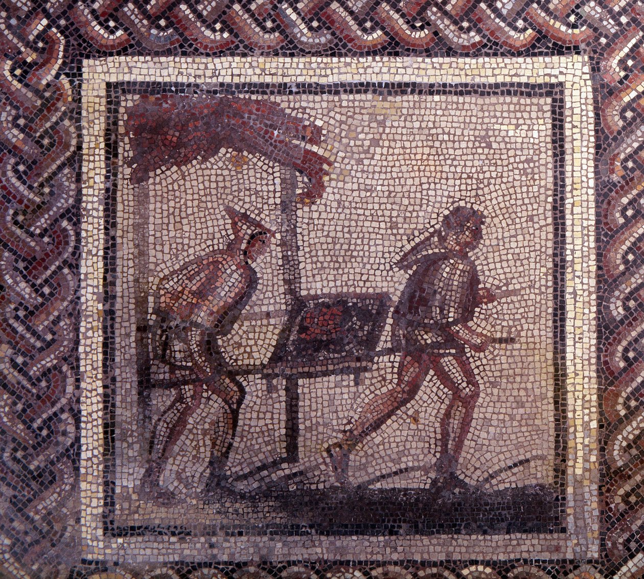 Gallo romersk kunst: mosaikbelægning, der repræsenterer en rustik kalender. Gødningstransportscene. Slutning 2., begyndelsen af 3. århundrede efter JC. Fra Saint-Romain-en-Gal (Saint Romain en Gal, Rhone). Saint Germain en Laye, Nationalmuseet for arkæolog af Gallo Roman