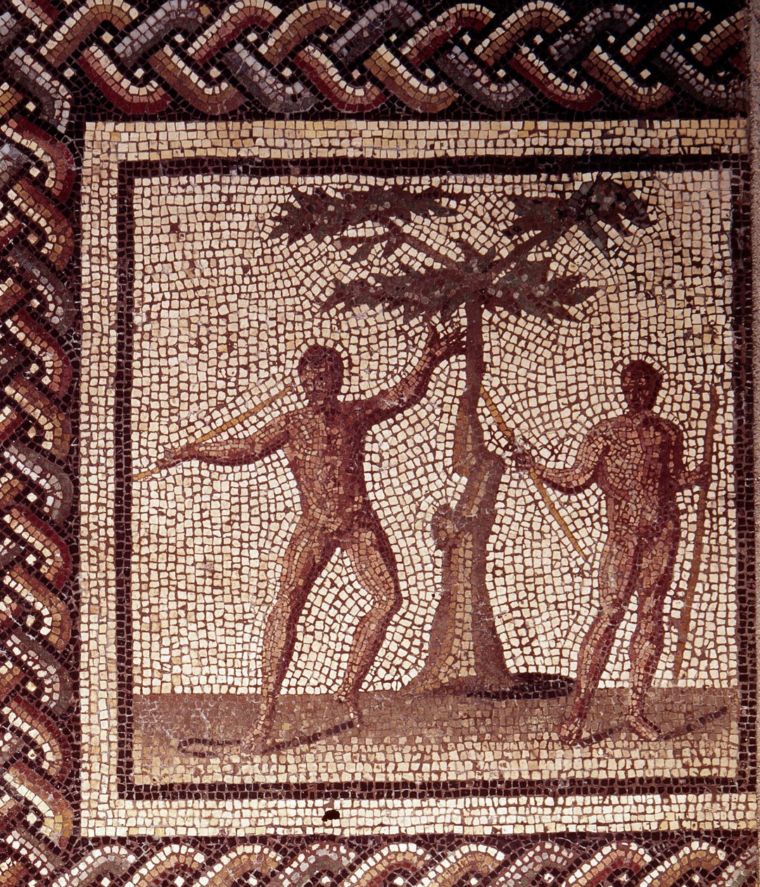 Gallo romersk kunst: mosaikbelægning, der repræsenterer en rustik kalender. Reapers Festival. Slutning 2., begyndelsen af 3. århundrede efter JC. Fra Saint-Romain-en-Gal (Rhône). Saint Germain en Laye, Nationalmuseet for arkæologi af Gallo Roman