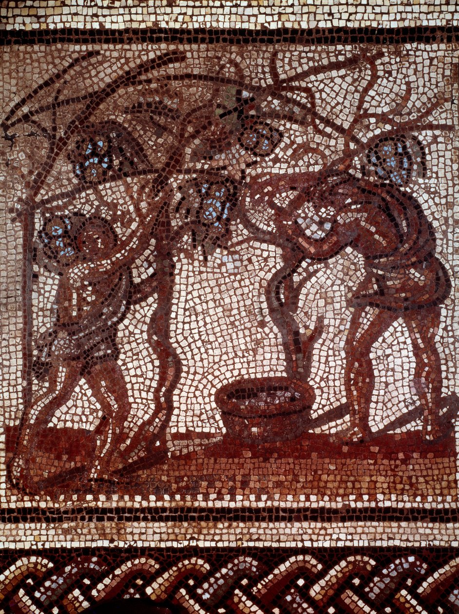 Galloromain kunst: efterår: plukning af æbler og høst. Mosaikbelægning, der repræsenterer en rustik kalender fra Saint Romain en Gal. Slut 2.-begyndelse 3. århundrede. Saint Germain en Laye, Museum of Antiquites af Gallo Roman Gallo Roman