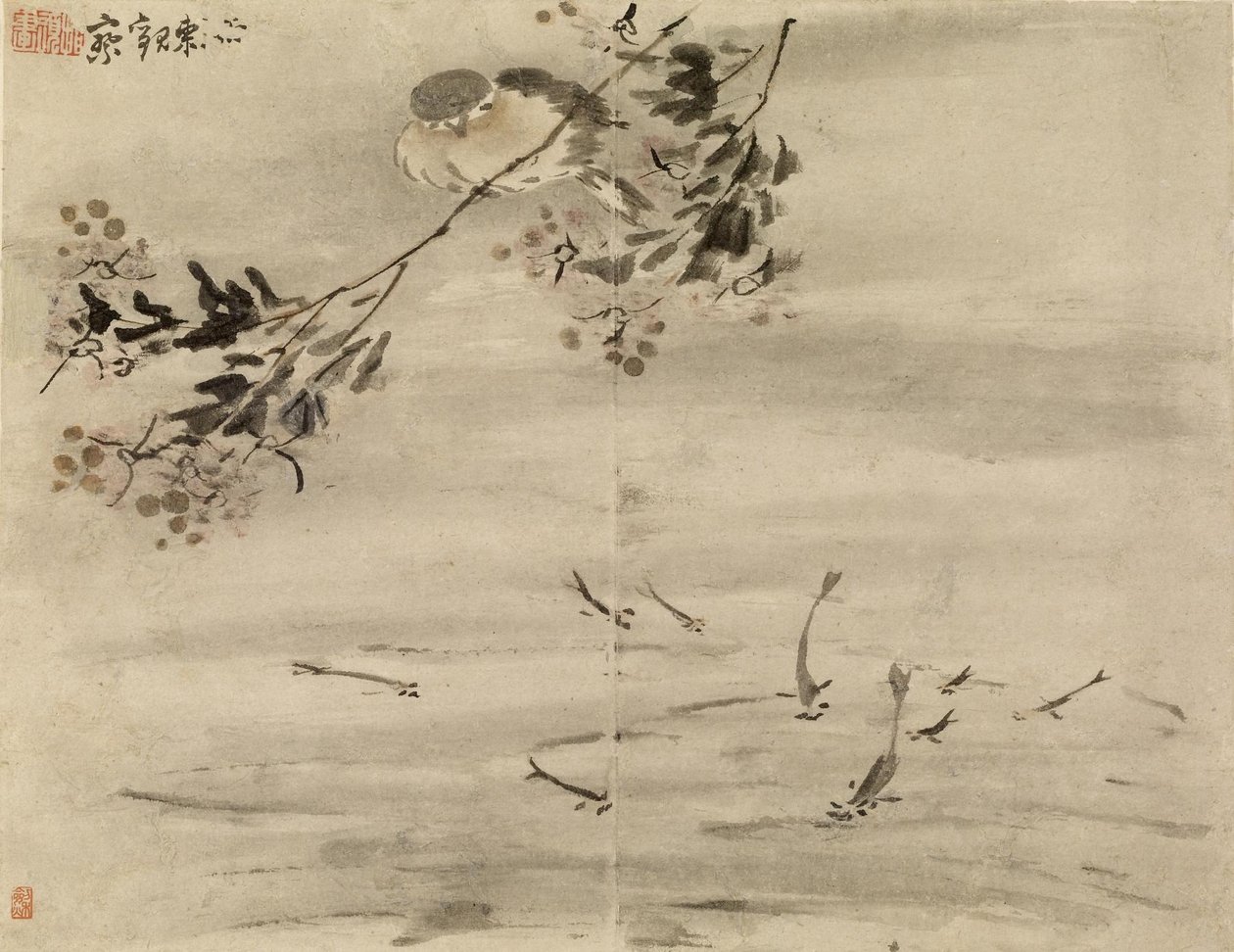 Fugl, der ser på en fisk af Gao Qipei