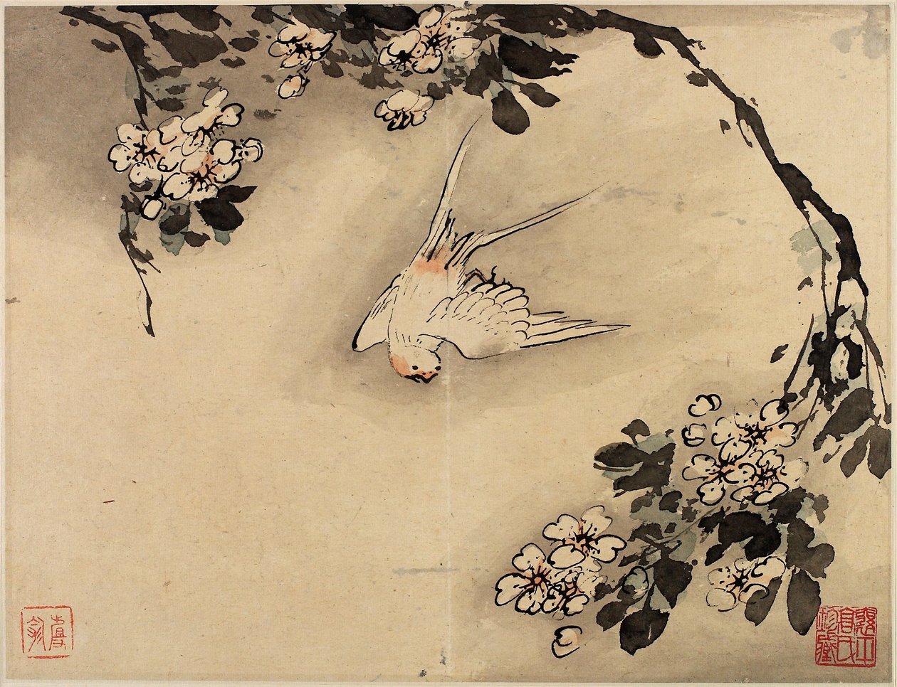 Fingermaleri med blomster og fugle fra et album med ti blade af Gao Qipei