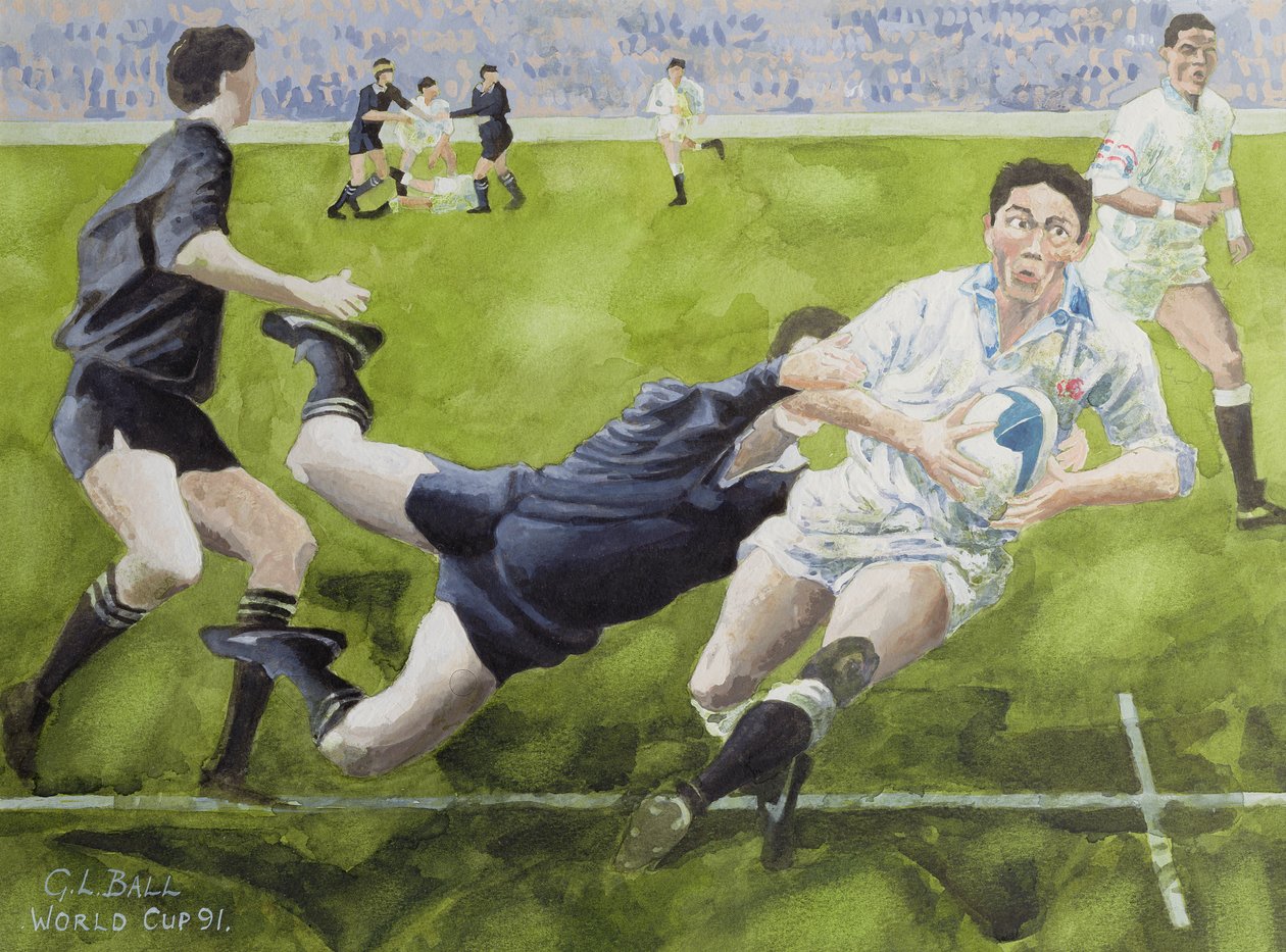 Rugbykamp: England mod New Zealand i World Cup, 1991, Rory Underwood bliver tacklet (wc) af Gareth Lloyd Ball