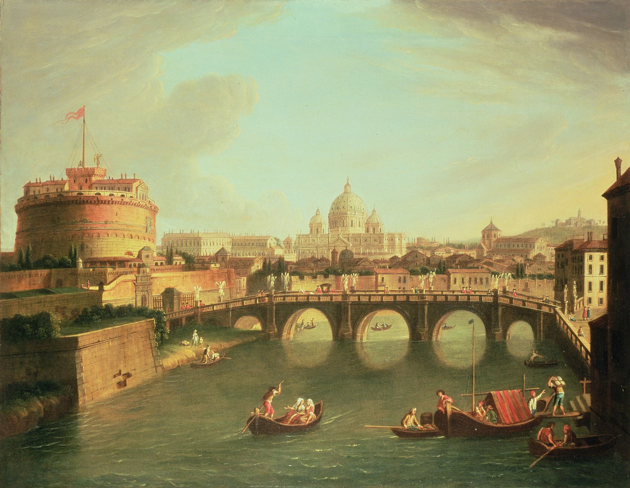 En udsigt over Rom med broen og Castel St. Angelo ved Tiberen af Gaspar van Wittel