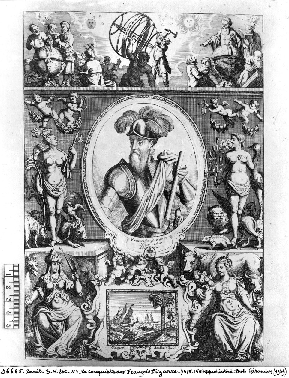 Portræt af Francisco Pizarro (1475-1541) med allegoriske figurer af Gaspar Bouttats