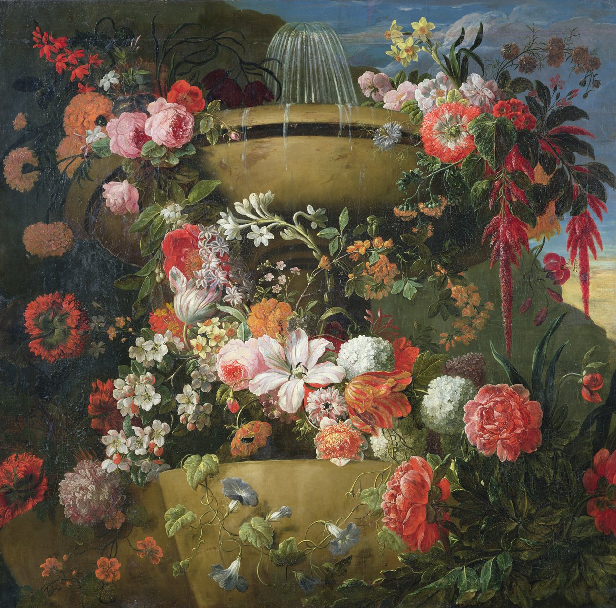 Bassin og blomster af Gaspar Peeter The Elder Verbruggen