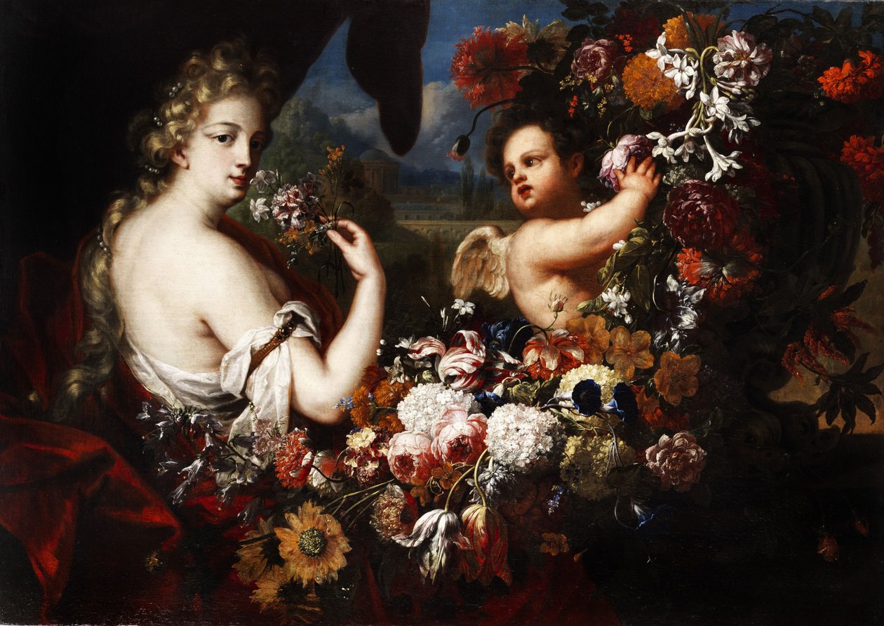 Venus og Amor i guirlander af blomster af Gaspar Pieter II Verbruggen
