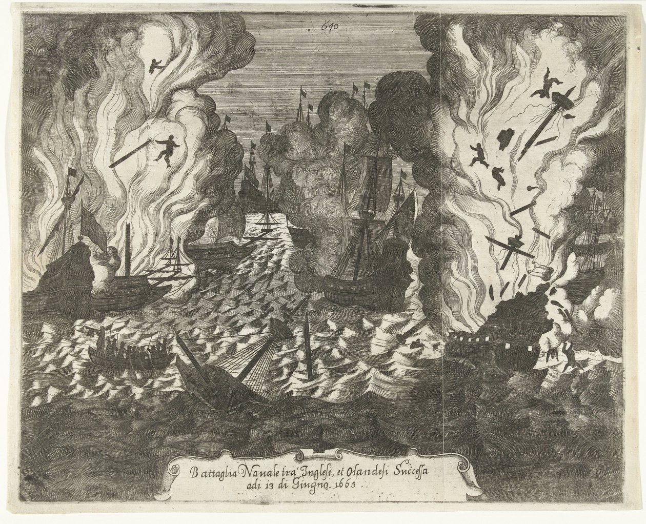 Slaget ved Lowestoft, 1665 Søslag mellem englænderne og hollænderne successivt den 13. juni 1665 (titel på objekt) af Gaspar Bouttats (attributed to)
