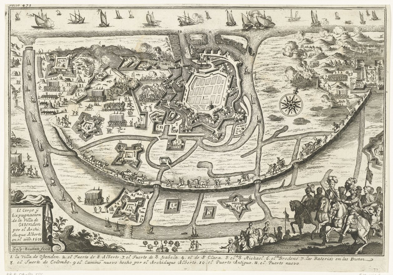 Beleg van Oostende, 1601 Belejringen og udvisningen af ​​Villaen i Oostende af ærkehertug Alberto i år 1601 (titel på objektet) af Gaspar Bouttats