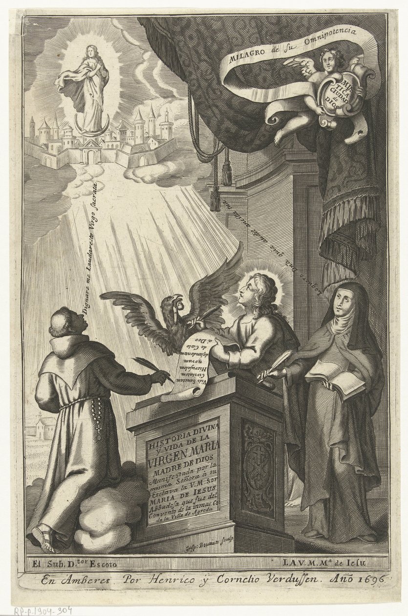 Jomfru Maria bliver henført til Himmeriget Historia divina y vida de la Virgen maria (titel på objekt) af Gaspar Bouttats