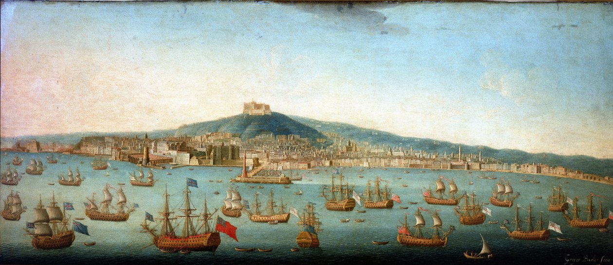 Udsigt over Napolibugten med admiral Byngs flåde for anker af Gaspar Butler