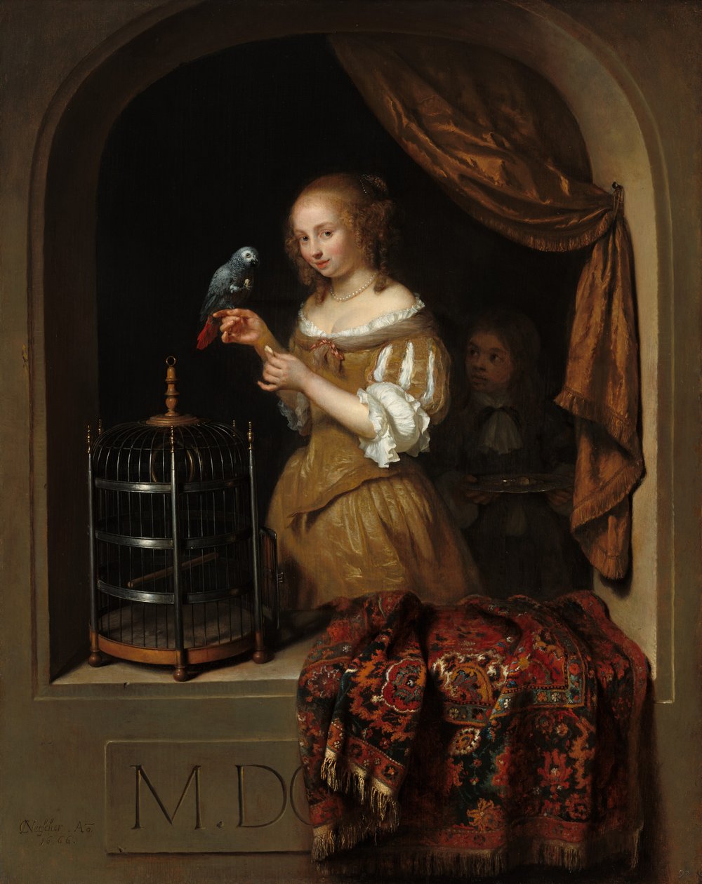 En kvinde fodrer en papegøje med en side, 1666. af Gaspar Netscher