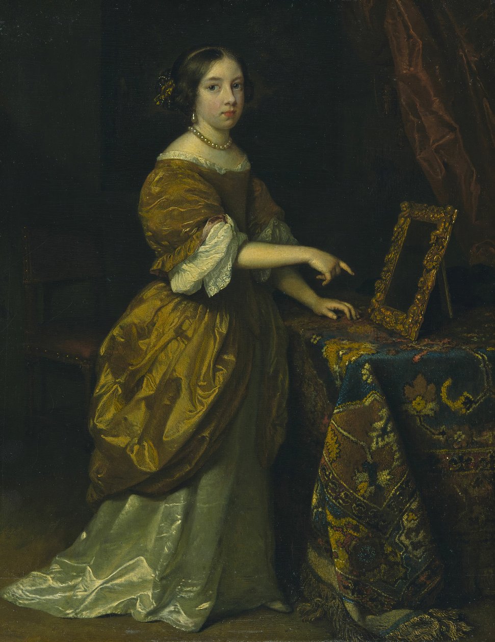 Pige stående foran et spejl, 1668. af Gaspar Netscher