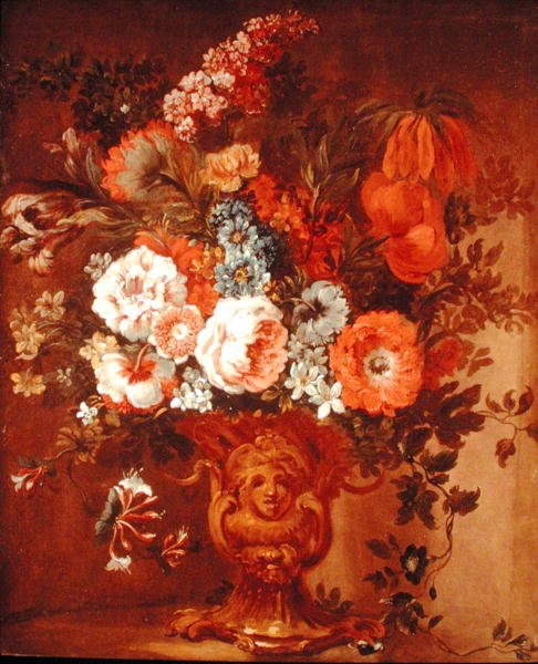 Roser, valmuer, kaprifolier, fond og andre blomster i en skulptureret vase (olie på lærred) af Gaspar Peeter The Elder Verbruggen
