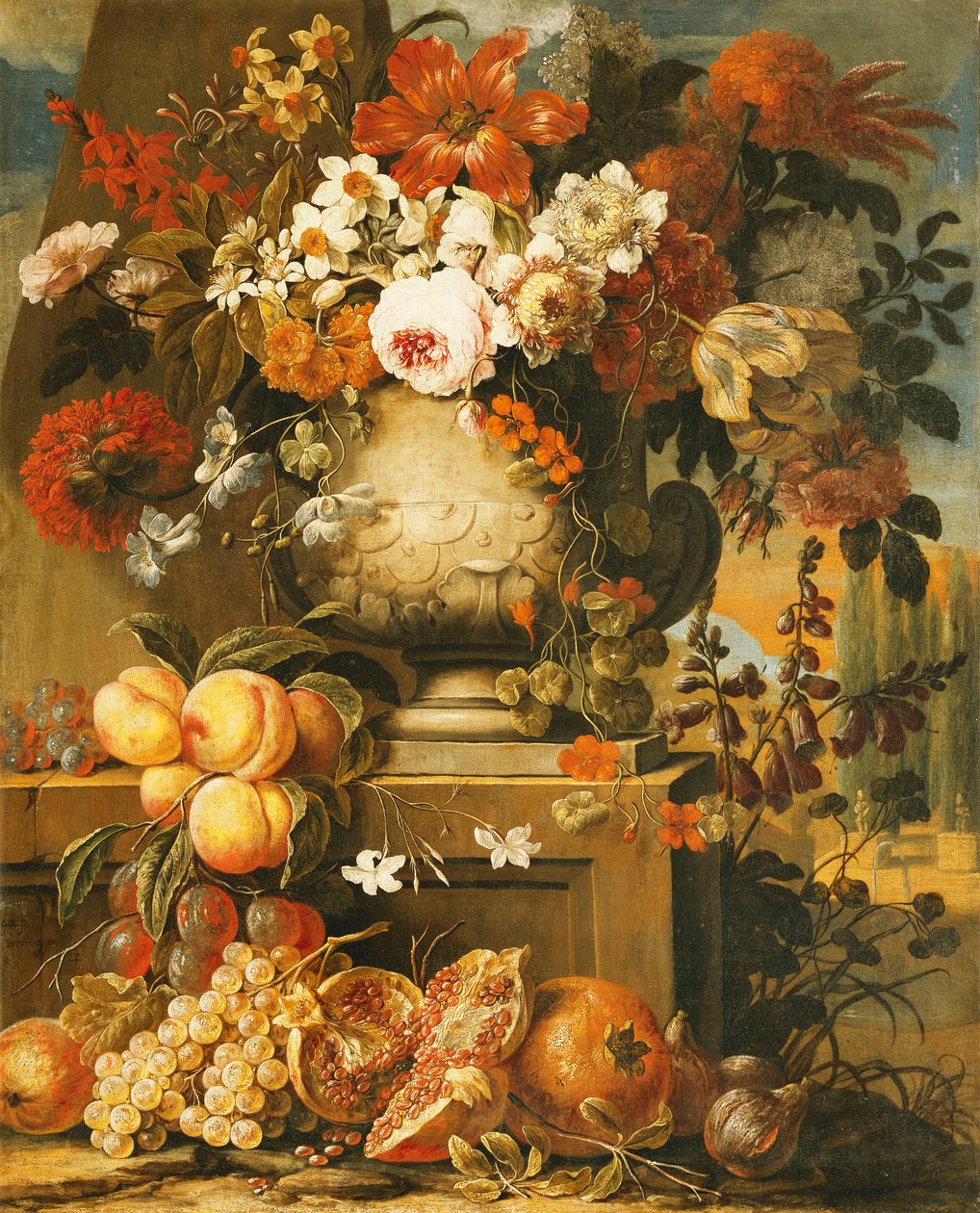 Blomster i Urner på Sokler med Frugt, af Gaspar Pieter II Verbruggen