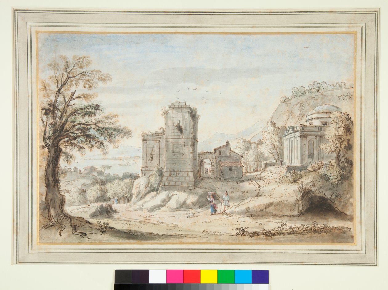 Landskab med ruiner og et tempel (pen og brunt blæk og farvede vaske) af Gaspar van Wittel
