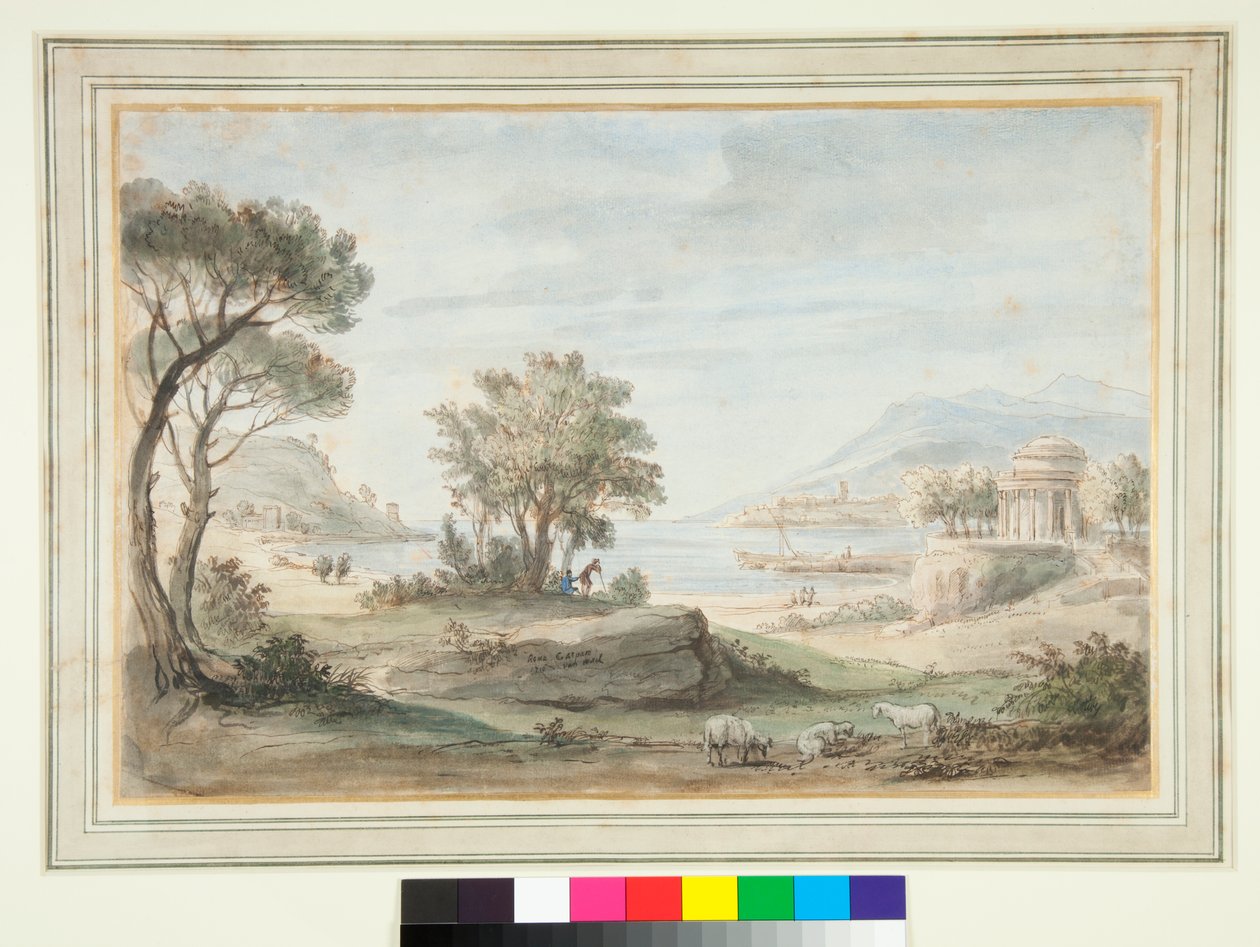 Landskab med et rundt tempel (pen og brunt blæk og farvede vaske) af Gaspar van Wittel