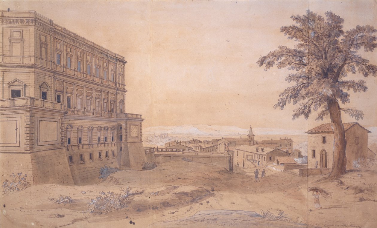 Palazzo Farnese på Caprarola (blæk og vask på papir) af Gaspar van Wittel