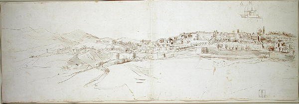 Udsigt over Urbino fra Colle di San Donato (kridt på papir) af Gaspar van Wittel