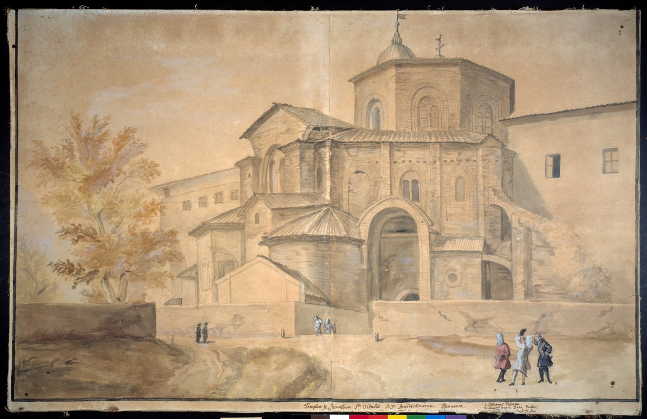 Basilica di San Vitale, Ravenna (pen & blæk med akvarel på papir) af Gaspar van Wittel
