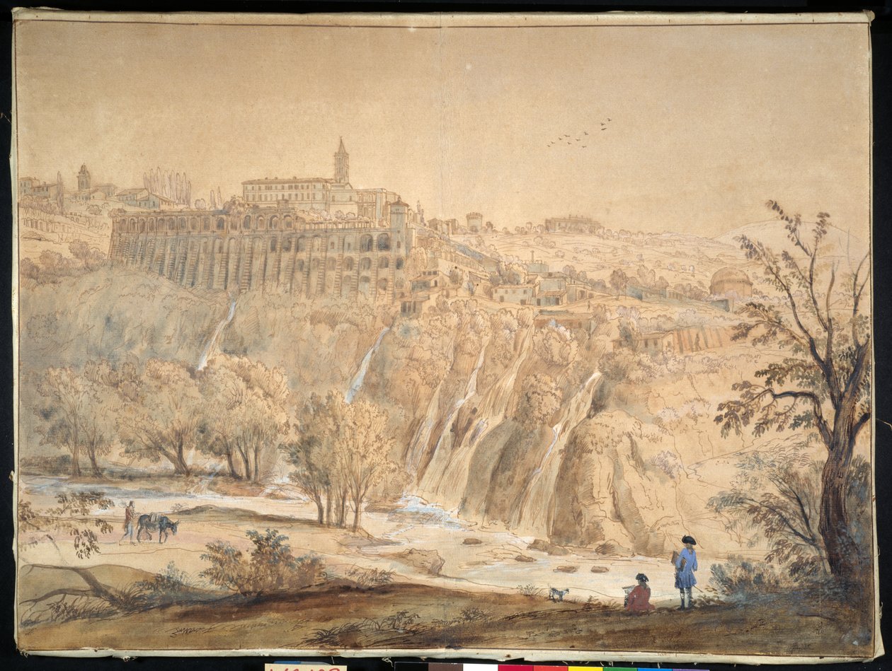 Udsigt over det basilianske kloster ved Grottaferrata, Rom (pen og blæk med akvarel på papir) af Gaspar van Wittel