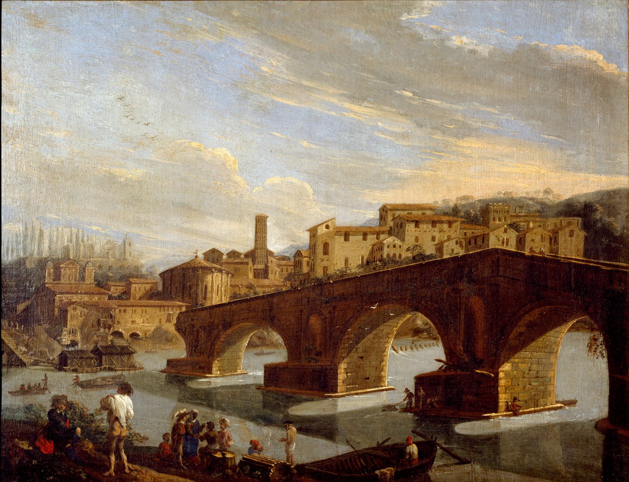 Udsigt over Tiberen i niveau med brudbroen i Rom Maleri af Gaspare Vanvitelli (Gaspar van Wittel, Caspar Van Vitelli) (1653-1736) Dim 39,5x51 cm Milano, Galleria d