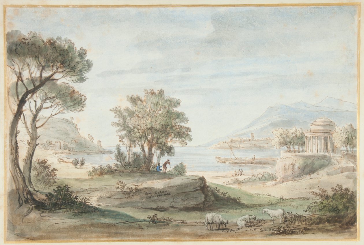 Landskab med et rundt tempel (pen, brunt blæk og farvede vaske på papir) af Gaspar van Wittel