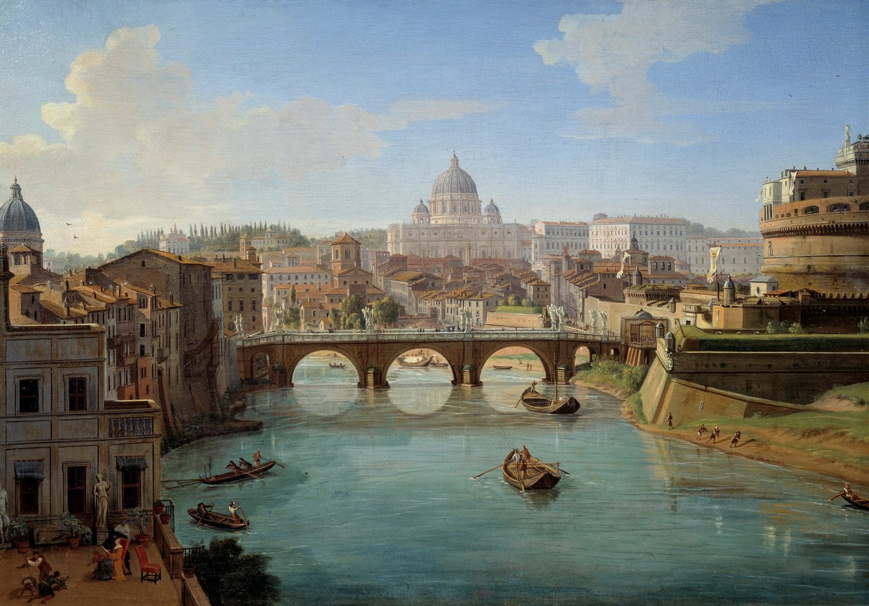Udsigt over St. Peters basilika i Rom, detalje af maleriet "" Udsigt over slottet St. Angelo i Rom" Panorama over byen, Tiberen og Castel Sant"Angelo, kejser Hadrians mausolee"" Maleri af Gaspare Vanvitelli af Gaspar van Wittel