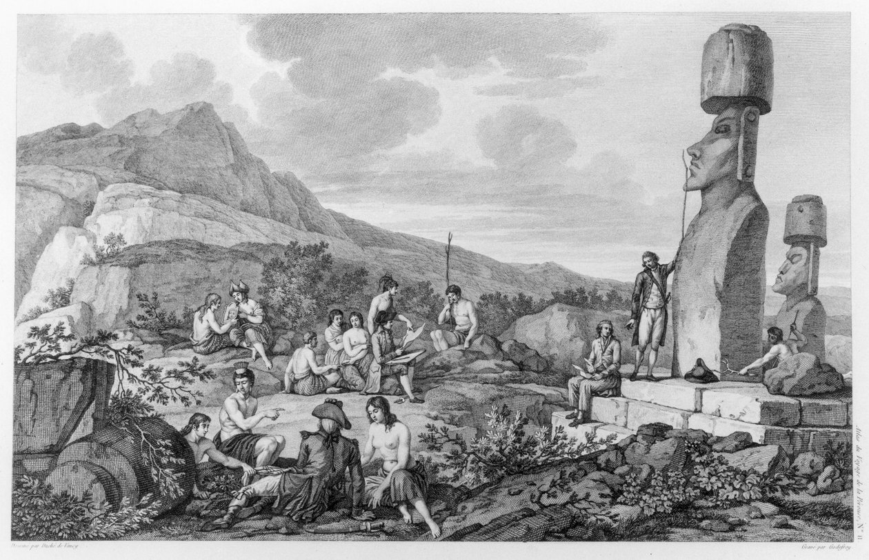 Islanders and Monuments of Easter Island, plade 11 fra Atlas de Voyage de La Perouse, 1785-88 af Gaspard Duche de Vancy