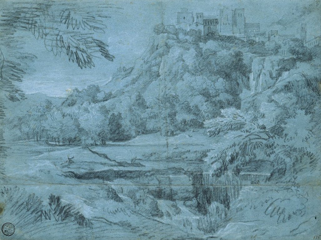 Landskab med bjergby og vandfald af Gaspard Poussin Dughet