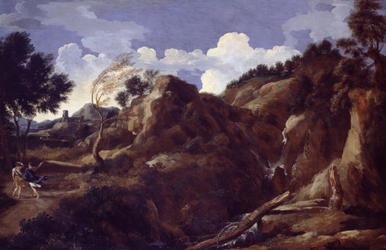 Bjergrige landskaber med nærmer sig storm af Gaspard Poussin Dughet
