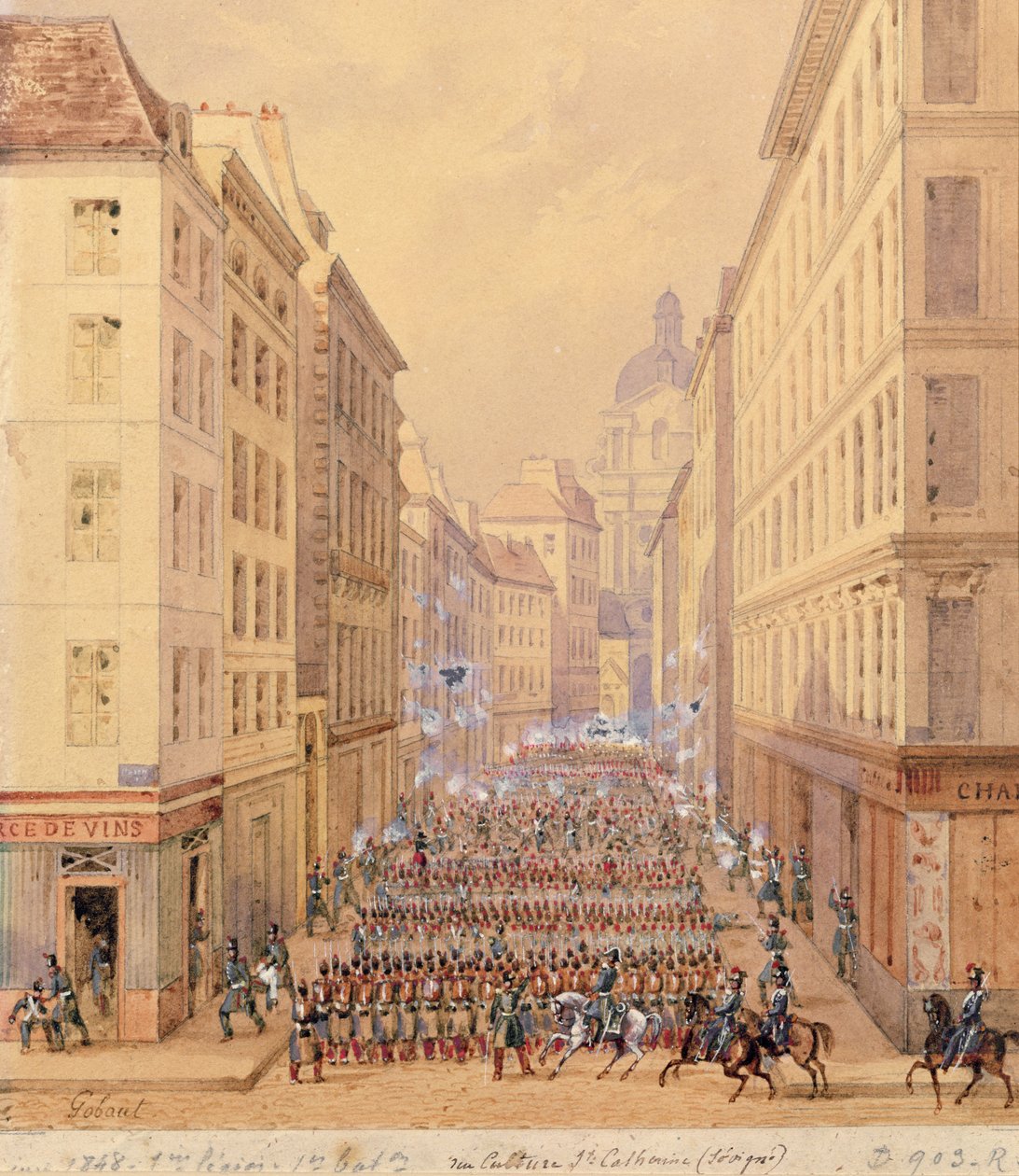 Marts af den første bataljon, Rue Culture Sainte-Catherine, 1. februar 1848 af Gaspard Gobaut