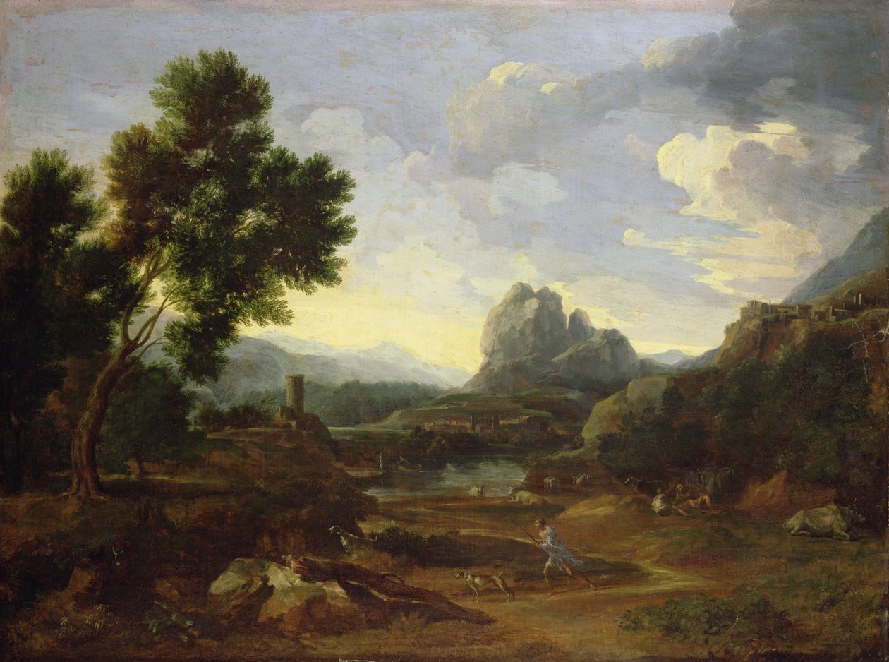 Landskab med jæger og hunde af Gaspard Poussin Dughet