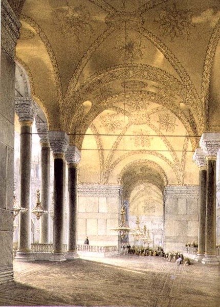 Hagia Sophia, plade 7: indgang til skibet, indgraveret af Louis Haghe (1806-85) udgivet 1852 (litho) af Gaspard (after) Fossati