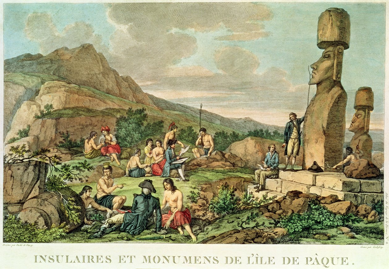 Islanders and Monuments of Easter Island, plade 11 fra Atlas de Voyage de La Perouse, 1785-88 (gravering) af Gaspard Duche de Vancy