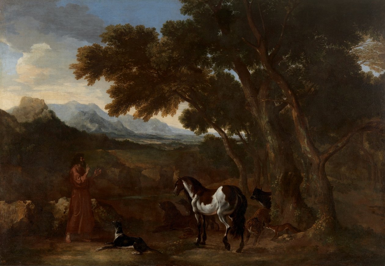 Dughet - Landskab med en eneboer, der prædiker for dyr, 1637 - 1638 af Gaspard Dughet