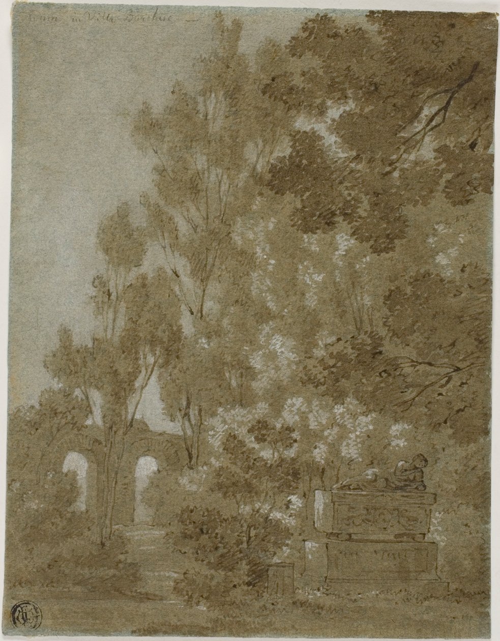 Udsigt over ødelagte buer og grav i Villa Borghese af Gaspard Dughet
