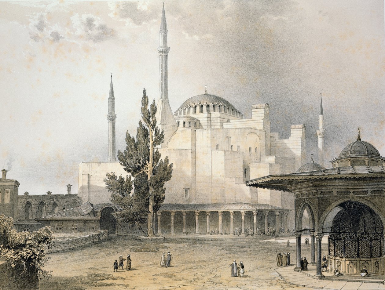 Gården til Hagia Sophia (plade 15), graveret af Louis Haghe (1806-85) udgivet 1852 af Gaspard Fossati