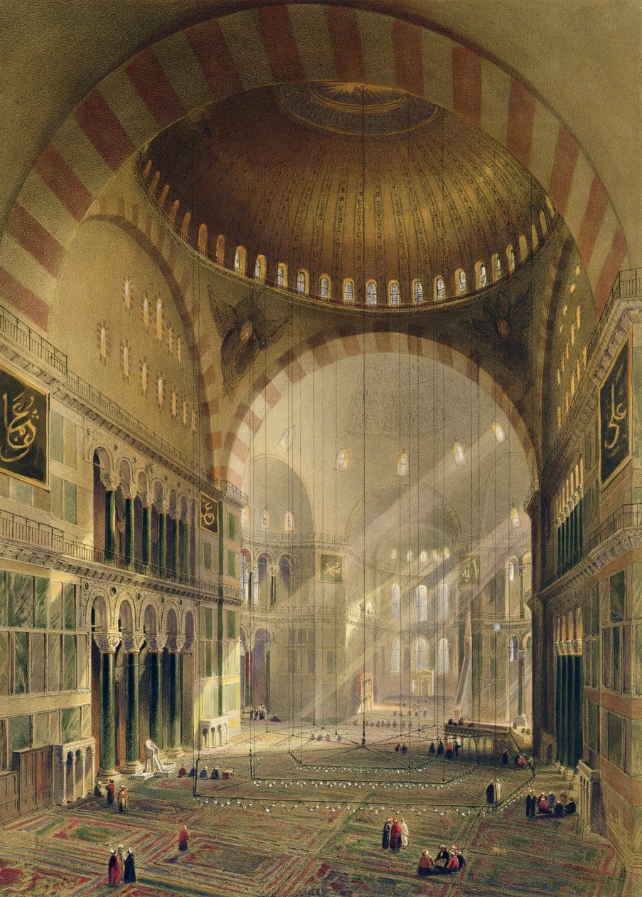 Hagia Sophia, plade 24: indre af den centrale kuppel med sænkede lysekroner, indgraveret af Louis Haghe (1806-85) udgivet 1852 af Gaspard Fossati