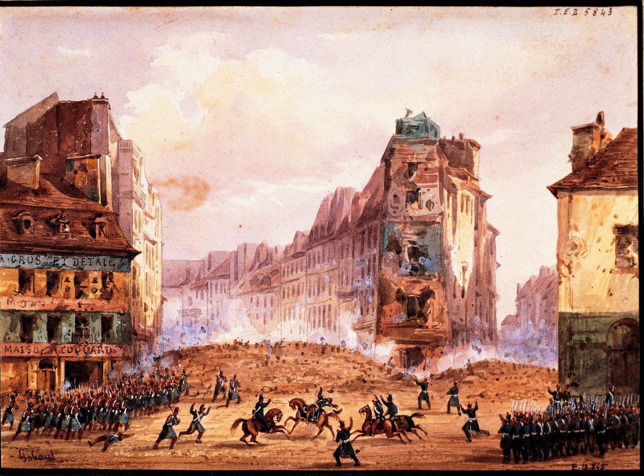 Scene fra 1848 Revolution, Culture Sainte Catherine Street barrikaden i februar måned af Gobaut, Frankrig af Gaspard Gobaut