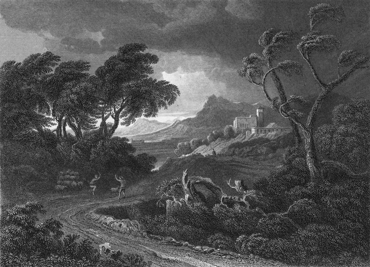 En landstorm (kobberstik) af Gaspard Poussin (after) Dughet
