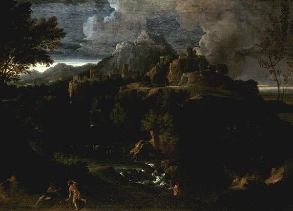 Landskab med figurer (olie) af Gaspard Poussin Dughet