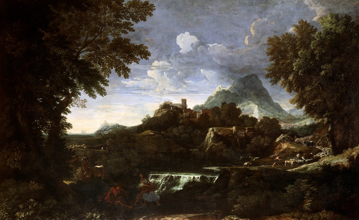 Landskab med Rinaldo og Armida (Erminia og Tancredi), af Gaspard Dughet (1615-1675), olie på lærred af Gaspard Poussin Dughet
