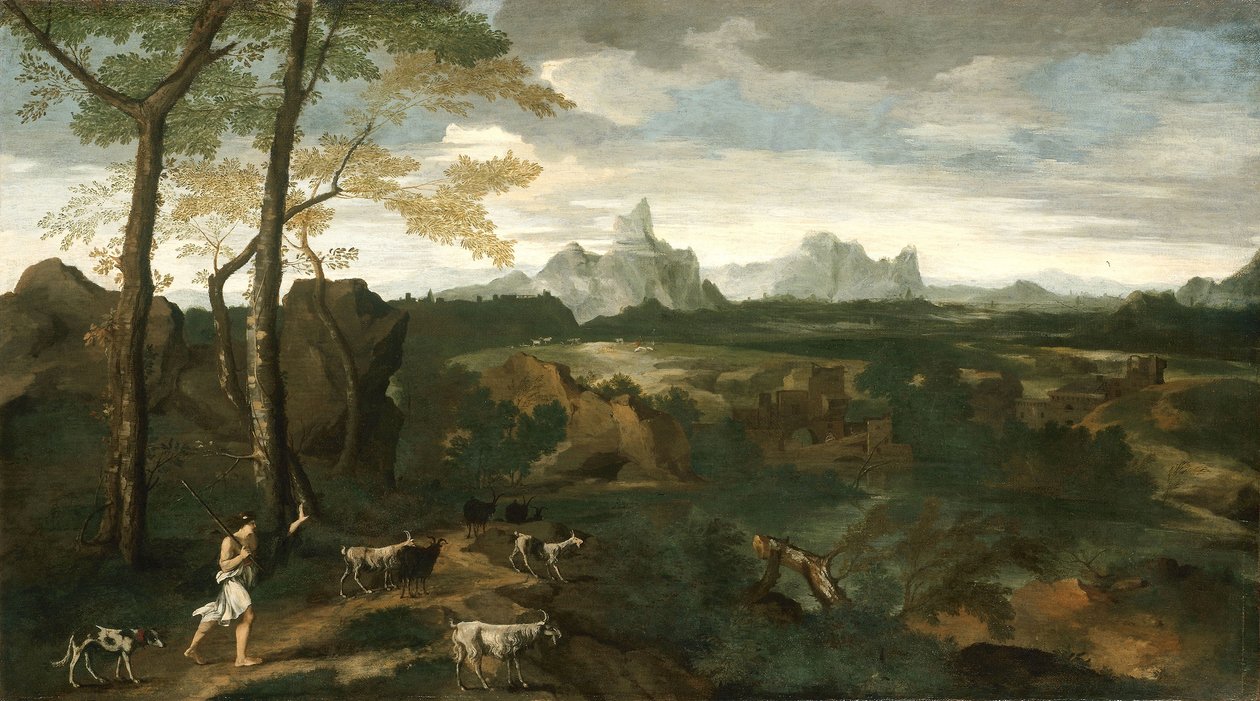 Landskab med hyrde og geder, ca. 1635 (olie på lærred) af Gaspard Poussin Dughet