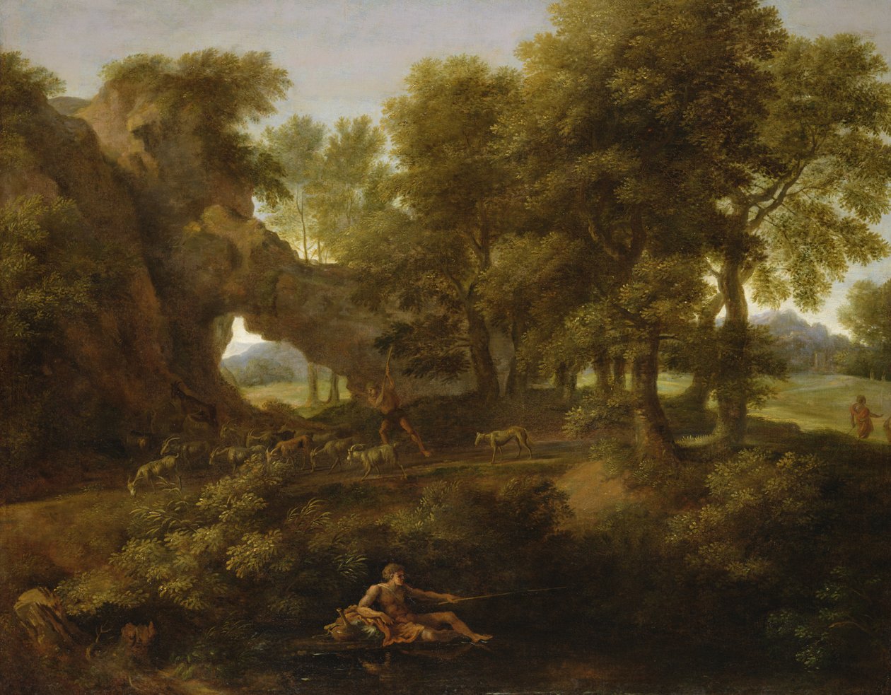 Landskab med en fisker, en hyrde og andre figurer af Gaspard Poussin Dughet