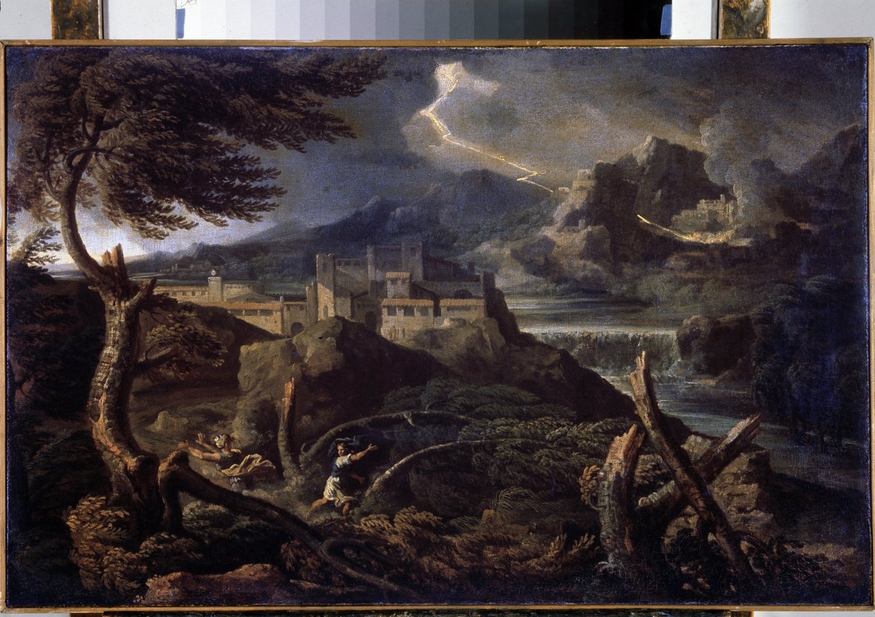 ""Paysage aux eclairs"" (Landskab med lyn) Maleri af Gaspard Dughet (1615-1675) 1670 ca. Dim. 40x62,5 cm Eremitagemuseet, Sankt Petersborg (Saint-Petersburg) af Gaspard Poussin Dughet