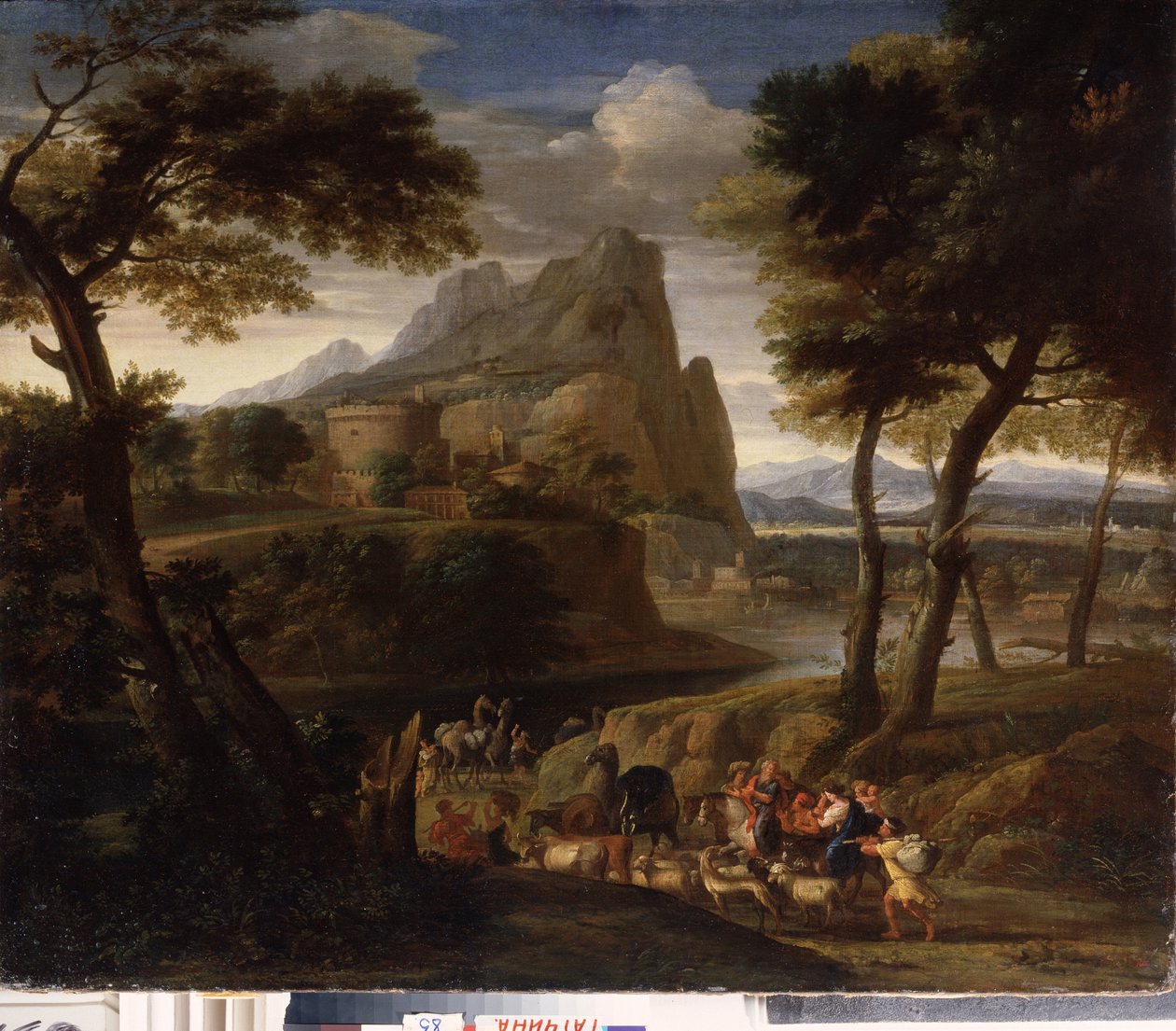 ""Landskab med en gruppe af rejsende"" (Landskab med campingvogn) Maleri af Gaspard Dughet (1615-1675) 1600-tallets statsfriluftsmuseum Palace Gatchina, Sankt Petersborg af Gaspard Poussin Dughet