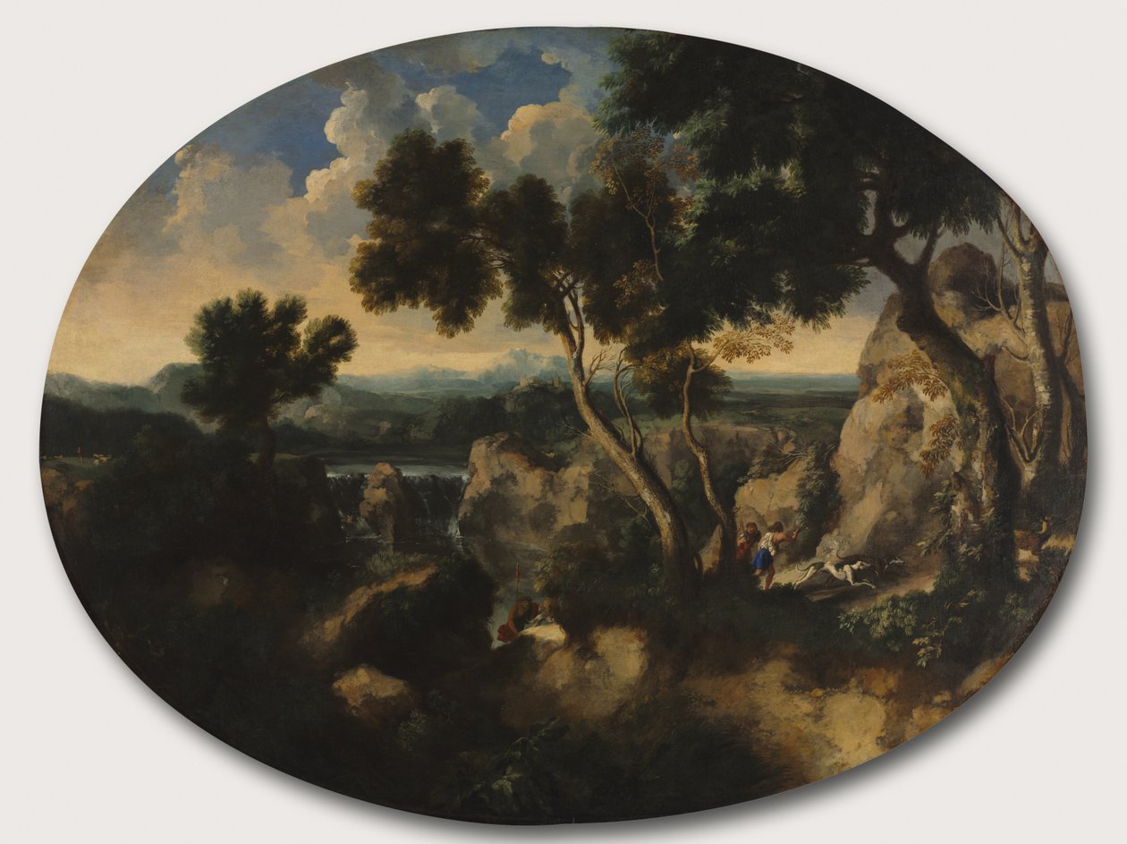 Klippelandskab med jægere, ca. 1635 af Gaspard Poussin Dughet