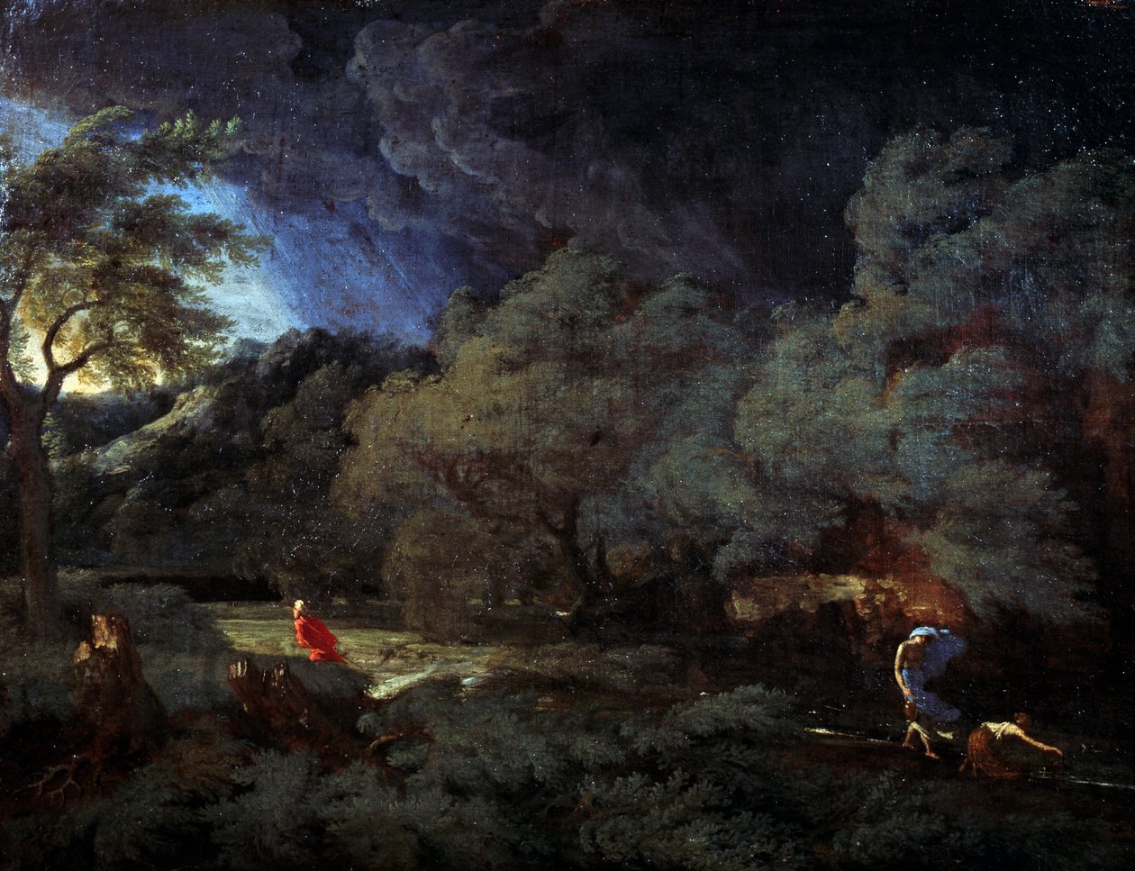 Stormfuldt landskab (olie på lærred) af Gaspard Poussin Dughet