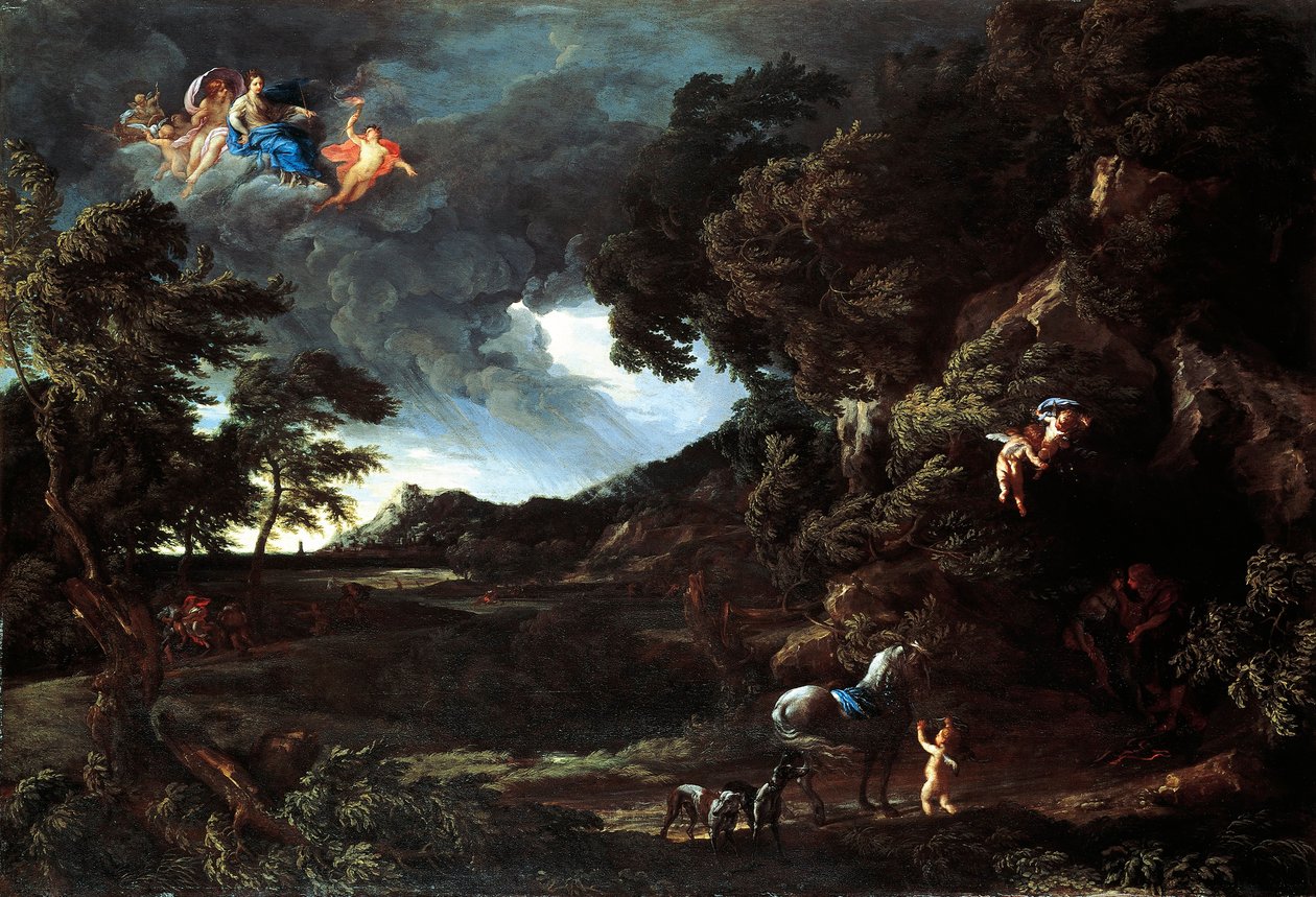 Landskab med Unionen af Dido og Aeneas, ca. 1664-48 (olie på lærred) af Gaspard Poussin and Maratta or Maratti Carlo Dughet
